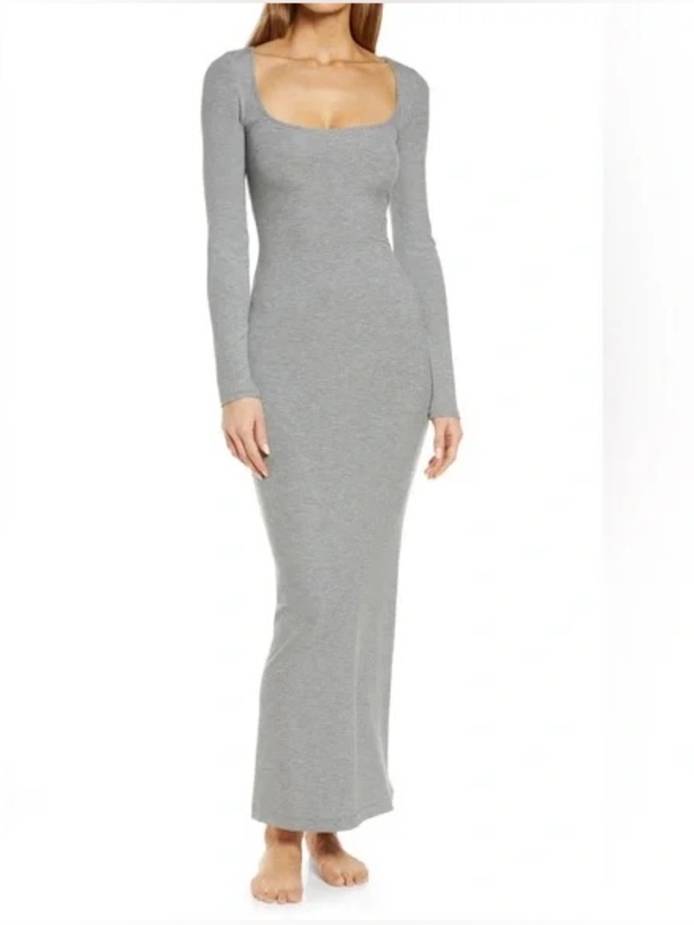 SKIMS SOFT LOUNGE Long Sleeve Square Neck Dress in Heather Gray NWT